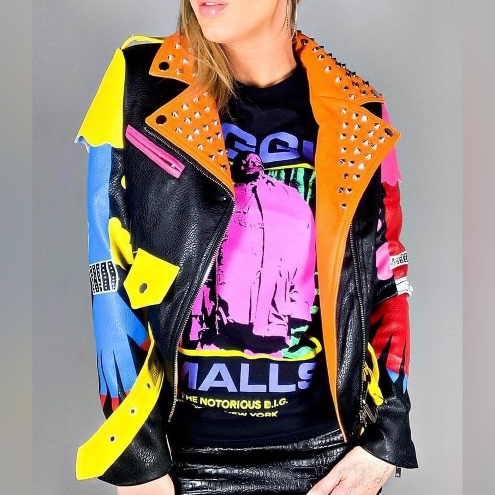 Bold Azalea Wang “Graffiti Kisses” Leather Moto Jacket Large - Picture 7 of 16